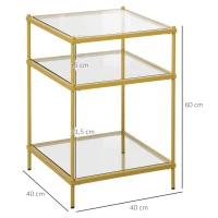 HOMCOM Beistelltisch mit 3 Glasböden Couchtisch Nachttisch mit 3 Regalen mit Stahlrahmen Indoor Outdoor  Glas Gold 40 x 40 x 60 cm(m-3)