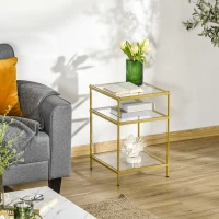 HOMCOM Beistelltisch mit 3 Glasböden Couchtisch Nachttisch mit 3 Regalen mit Stahlrahmen Indoor Outdoor  Glas Gold 40 x 40 x 60 cm(m-10)