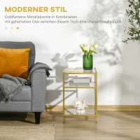 HOMCOM Beistelltisch mit 3 Glasböden Couchtisch Nachttisch mit 3 Regalen mit Stahlrahmen Indoor Outdoor  Glas Gold 40 x 40 x 60 cm(m-4)