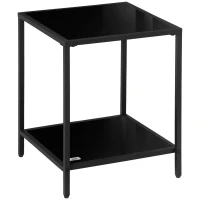 HOMCOM Side Table with Tempered Glass Top, End Table with 2-Tier Storage, Classic Accent Table with Steel Frame, Black(m-1)