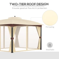 Outsunny 4 x 3(m) Patio Metal Gazebo, Garden Canopy Shelter with Double Tier Roof, Removable Netting and Curtains Marquee Tent, Khaki(m-4)