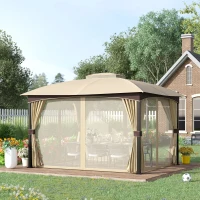 Outsunny 4 x 3(m) Patio Metal Gazebo, Garden Canopy Shelter with Double Tier Roof, Removable Netting and Curtains Marquee Tent, Khaki(m-8)