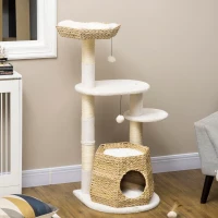 PawHut Árbol Rascador para Gatos Torre para Gatos con Cama Cueva Poste de Sisal y Bolas Colgantes 50x50x119 cm Natural(m-10)