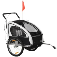 HOMCOM Kinderanhänger Fahrradanhänger Kinder Radanhänger für 2 Kinder mit Fahne Regenschutz atmungsaktiv Weiß-Schwarz Stahl 142 x 85 x 105 cm(m-1)