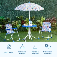 Outsunny Set de Mesa y Sillas Exterior Infantil Conjunto de Picnic Plegable para Jardín Juego de Mesa con Sombrilla Ajustable 100-125 cm Protección de UV Azul(m-7)