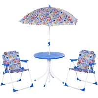 Outsunny Set de Mesa y Sillas Exterior Infantil Conjunto de Picnic Plegable para Jardín Juego de Mesa con Sombrilla Ajustable 100-125 cm Protección de UV Azul(m-1)