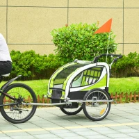 HOMCOM Kinderfietsaanhanger, voor 2 kinderen, 1 universele koppeling, 1 vlag, reflectoren, Groen + Zwart(m-10)