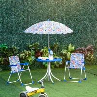 Outsunny Set de Mesa y Sillas Exterior Infantil Conjunto de Picnic Plegable para Jardín Juego de Mesa con Sombrilla Ajustable 100-125 cm Protección de UV Azul(m-2)
