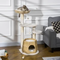 PawHut Árbol Rascador para Gatos Torre para Gatos con Cama Cueva Poste de Sisal y Bolas Colgantes 50x50x119 cm Natural(m-2)