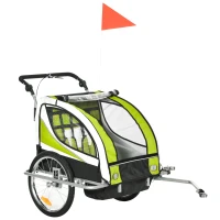 HOMCOM Kinderfietsaanhanger, voor 2 kinderen, 1 universele koppeling, 1 vlag, reflectoren, Groen + Zwart(m-1)