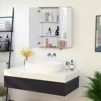 kleankin Specchio Contenitore Bagno, Pensile Bagno in Legno Bianco e Rovere, Mobile Salvaspazio 60x20.5x75cm(m-2)