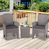 Outsunny 3 PCs Rattan Effect Bistro Set, Outdoor Wicker Weave Furniture w/ 2 Cushioned Chairs, 1 Storage Function Coffee Table for Garden, Patio, Furniture - Grey(m-2)