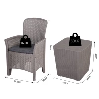 Outsunny 3 PCs Rattan Effect Bistro Set, Outdoor Wicker Weave Furniture w/ 2 Cushioned Chairs, 1 Storage Function Coffee Table for Garden, Patio, Furniture - Grey(m-3)