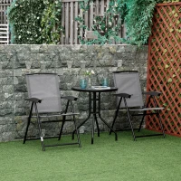 Outsunny 3 Piece Outdoor Bistro Set, Patio Conversation Furniture Set with 2 Folding Backrest Adjustable Armchairs and Glass Top Coffee Table, Grey(m-2)