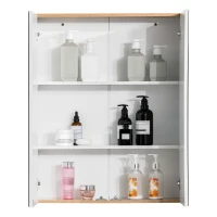 kleankin Specchio Contenitore Bagno, Pensile Bagno in Legno Bianco e Rovere, Mobile Salvaspazio 60x20.5x75cm(m-8)