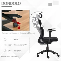 Vinsetto Sedia da Ufficio Ergonomica con Poggiatesta, Altezza Regolabile e Inclinazione, Poltrons Girevole con Ruote, 67x64x118-126cm, Nero(m-5)