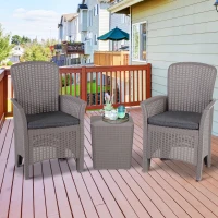 Outsunny 3 PCs Rattan Effect Bistro Set, Outdoor Wicker Weave Furniture w/ 2 Cushioned Chairs, 1 Storage Function Coffee Table for Garden, Patio, Furniture - Grey(m-9)