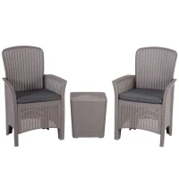 Outsunny 3 PCs Rattan Effect Bistro Set, Outdoor Wicker Weave Furniture w/ 2 Cushioned Chairs, 1 Storage Function Coffee Table for Garden, Patio, Furniture - Grey(m-1)