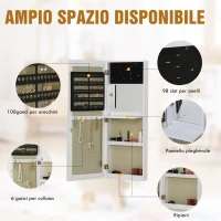 HOMCOM Armadietto Portagioie a Muro con Specchiera, Armadio Porta Gioielli, Organizzatore per Gioielli da Parete in Legno, Bianco(m-7)