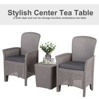 Outsunny 3 PCs Rattan Effect Bistro Set, Outdoor Wicker Weave Furniture w/ 2 Cushioned Chairs, 1 Storage Function Coffee Table for Garden, Patio, Furniture - Grey(m-5)