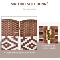 Paravent intérieur 4 panneaux pliables peuplier tressé osier marron blanc(m-5)