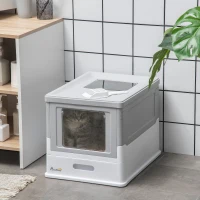 PawHut Hooded Cat Litter Box Scoop Included, Litter Tray with Front Entry Top Exit, Portable Pet Toilet with Large Space, Easy Assemble, 47.5 x 35.5 x 36.7 cm, Grey(m-11)