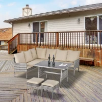 Outsunny Salon de jardin 6 pers. grand confort canapé d'angle + 2 poufs + table à manger coussins assise & dossier fournis résine tressée grise(m-10)