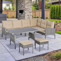 Outsunny Salon de jardin 6 pers. grand confort canapé d'angle + 2 poufs + table à manger coussins assise & dossier fournis résine tressée grise(m-7)