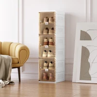 HOMCOM Móvel Sapateiro Dobrável Organizador de Sapatos com 3 Portas Magnéticas 3 Prateleiras para 6 Pares de Sapatos para Entrada Corredor Dormitório 27x34x99cm Branco e Marrom(m-2)