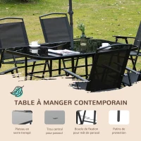 Outsunny Ensemble salon de jardin 8 pièces avec grand parasol, table dim.140L x 90l x 70H cm et chaises pliantes pour 6 personnes - métal époxy textilène polyester noir(m-4)