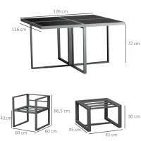 Outsunny Sitzgruppe Gartentischset Gartenmöbel Metall 9 teilig 4 Stühle 4 Hocker Tisch Esstisch Polyester Glas Grau(m-3)