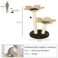 PawHut Árvore Arranhador para Gatos Médios Altura 69cm Torre para Gatos com Cama com Forma de Flor Poste de Sisal e Bola Suspensa para Brincar 50x50x69cm Marrom e Creme(m-3)