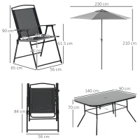 Outsunny Ensemble salon de jardin 8 pièces avec grand parasol, table dim.140L x 90l x 70H cm et chaises pliantes pour 6 personnes - métal époxy textilène polyester noir(m-3)