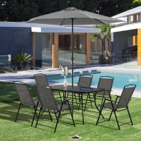 Outsunny Ensemble salon de jardin 8 pièces avec grand parasol, table dim.140L x 90l x 70H cm et chaises pliantes pour 6 personnes - métal époxy textilène polyester noir(m-2)