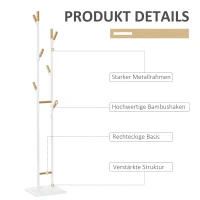 HOMCOM Garderobenständer Standgarderobe mit 8 Haken Kleiderständer weiße Metallrahmen und Bambus-zweige Wohnzimmer Eingangsbereich Schlafzimmer Mantel Handtaschen 34 x 30 x 183 cm(m-5)