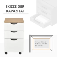 HOMCOM Rollcontainer, Bürocontainer mit 3 Schubladen, Büroschrank, Aufbewahrung, Container,4 Universalräder, Spanplatte, Weiß+Natur, 34 x 40 x 60,5 cm(m-7)