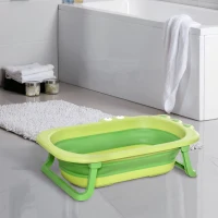HOMCOM opvouwbaar babybadje babybadje met antislip voetkussentje steunstangen opvouwbaar babybadje met krokodilvorm voor kinderen van 0-3 jaar PP plastic TPE groen 80 x 53,9 x 20,8 cm(m-10)