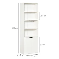 HOMCOM 6-Tier Tall Bookcase, Bookshelf with 4 Open Shelves and Double Door Storage Cabinet, Freestanding Display Rack for Living Room, Bedroom, Home Office, Study, 59 x 29 x 180cm, White(m-3)