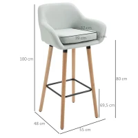 HOMCOM Tabourets de Bar Design scandinave - Lot de 2 tabourets de Bar Grand Confort avec Repose-Pieds et accoudoirs - Bois d'hévéa Lin gris(m-3)