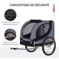 HOMCOM Remorque velo pour chien animaux avec drapeau et 8 reflecteurs gris et noir(m-7)