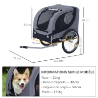 HOMCOM Remorque velo pour chien animaux avec drapeau et 8 reflecteurs gris et noir(m-3)