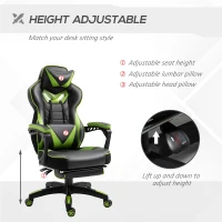 Vinsetto Racing Gaming Chair Adjustable Height Recliner with Wheels, Headrest,Lumbar Support Retractable Footrest Home Office, Black/Green(m-4)