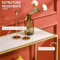 HOMCOM Mesa Consola Mesa de Entrada com Vidro e Estrutura de Aço para Corredor Sala de Estar Estilo Moderno com Anti-Rolamento Carga Máxima 25kg 100,5x35x80cm Branco e Dourado(m-5)