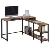 HOMCOM L-Shaped Computer Table with Storage Shelves Home Office Corner Industrial Style Workstation , Walnut Wood Grain(m-6)
