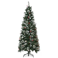 HOMCOM 6 Ft Snow Dipped Artificial Christmas Tree Slim Pencil Xmas Tree with Realistic Branches, Pine Cones, Red Berries, Auto Open, Green(m-1)