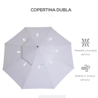 Outsunny Umbrela Gradina în Bambus și Lemn de Plop cu Dublu Acoperiș Impermeabil, Alb, Φ2.7×2.6m(m-5)