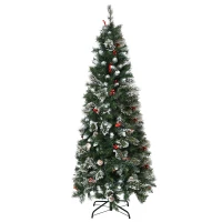 HOMCOM 6 Ft Snow Dipped Artificial Christmas Tree Slim Pencil Xmas Tree with Realistic Branches, Pine Cones, Red Berries, Auto Open, Green(m-11)