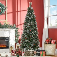 HOMCOM 6 Ft Snow Dipped Artificial Christmas Tree Slim Pencil Xmas Tree with Realistic Branches, Pine Cones, Red Berries, Auto Open, Green(m-10)