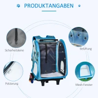 PawHut 2-in-1 DESIGN trolley rugzak transporttas reistas met wielen huisdier trolley trekstang 2 verstelbare standen oxford stof blauw 33 x 27 x 42 cm(m-7)