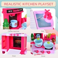 HOMCOM 38 Pcs Kids Children Kitchen Play Set w/ Realistic Sounds Lights Food Utensils Pots Pans Appliances Toy Game Pink(m-7)